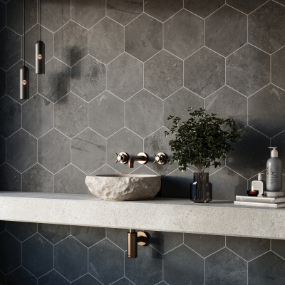 Brazilian Black Slate Calibrated Hexagon - Riven